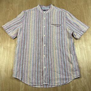 32 Bar Blues Striped Linen Short Sleeve Button Up Mandarin Collared Shirt Size M
